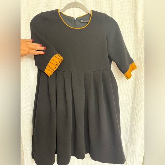 Zara Black Ruffle Gold Trim Sleeve Babydoll Dress - Picture 1 of 6